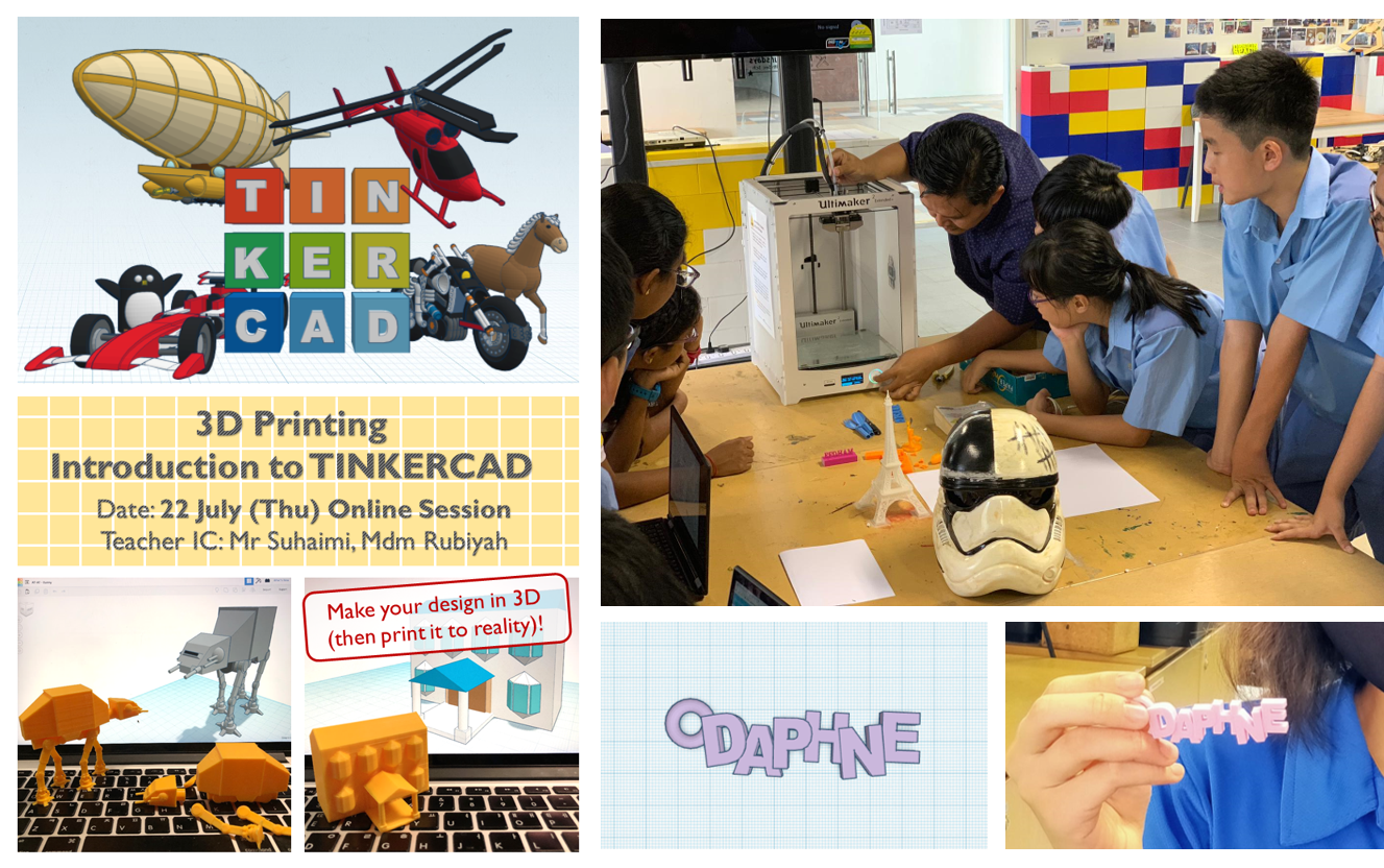 Collage showing a Tinkercad 3D printing workshop flyer, students with a 3D printer, and printed name and model examples.